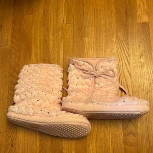 Pink plush slipper booties with sequins